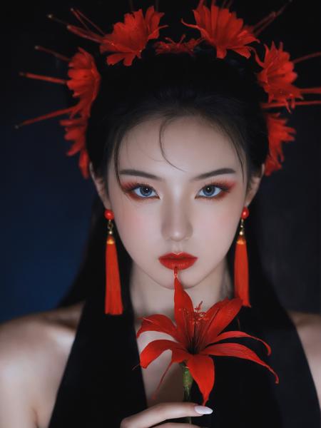 07119-152790213-arien photography,chinese art photography,1girl,solo,hair ornament,black hair,jewelry,earrings,holding,red flower,looking at vie.png